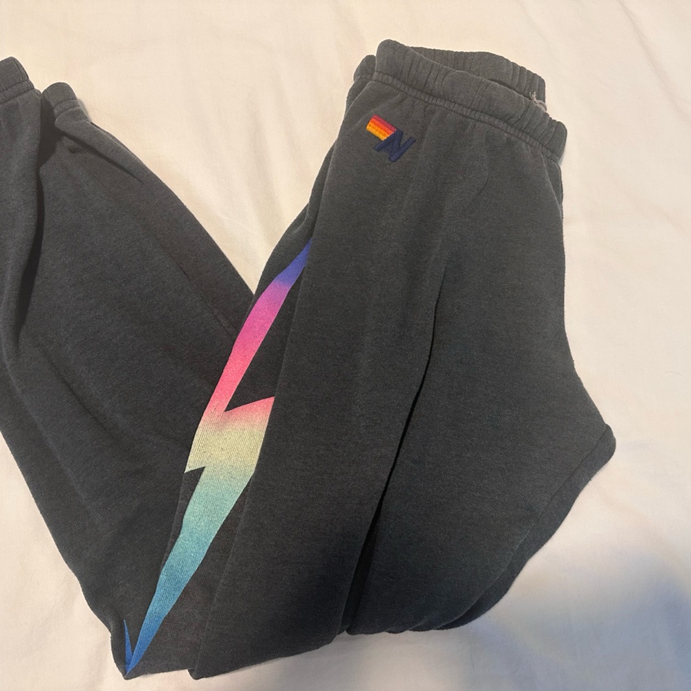 Aviator Nation Small Charcoal Joggers with Rainbow Lightning Bolt